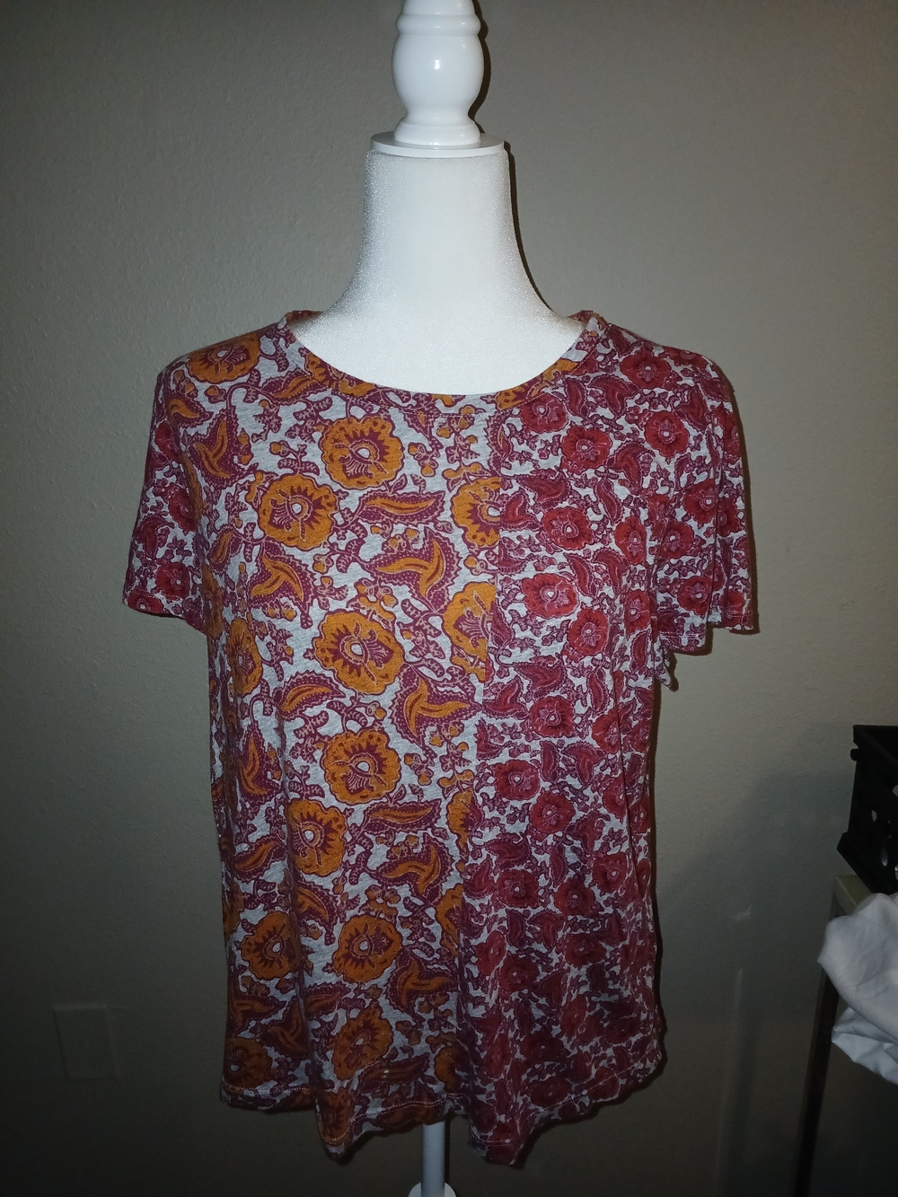 Anthropologie Short Sleeve Floral Panel Top in Rust and Mustard